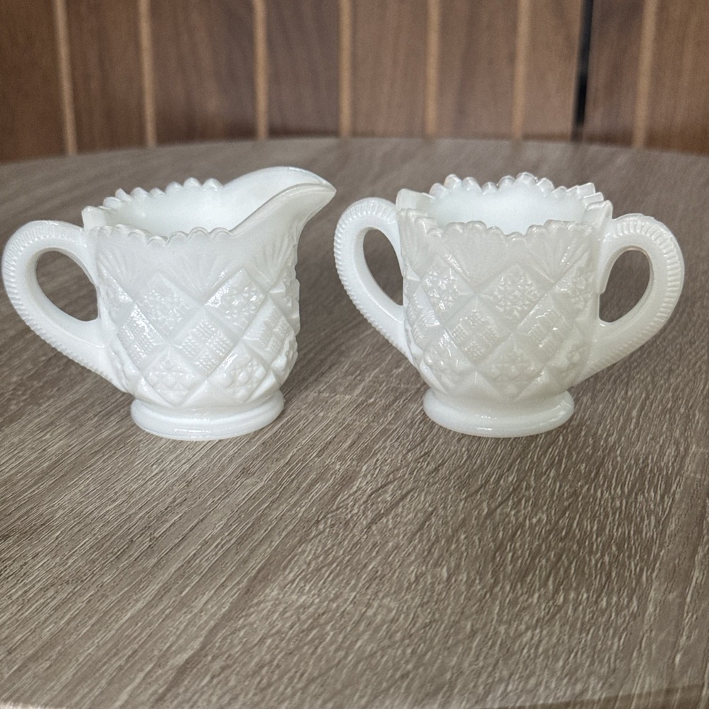 Vintage Milk Glass Miniature Creamer and Sugar Set Diamond Quilt Pattern White